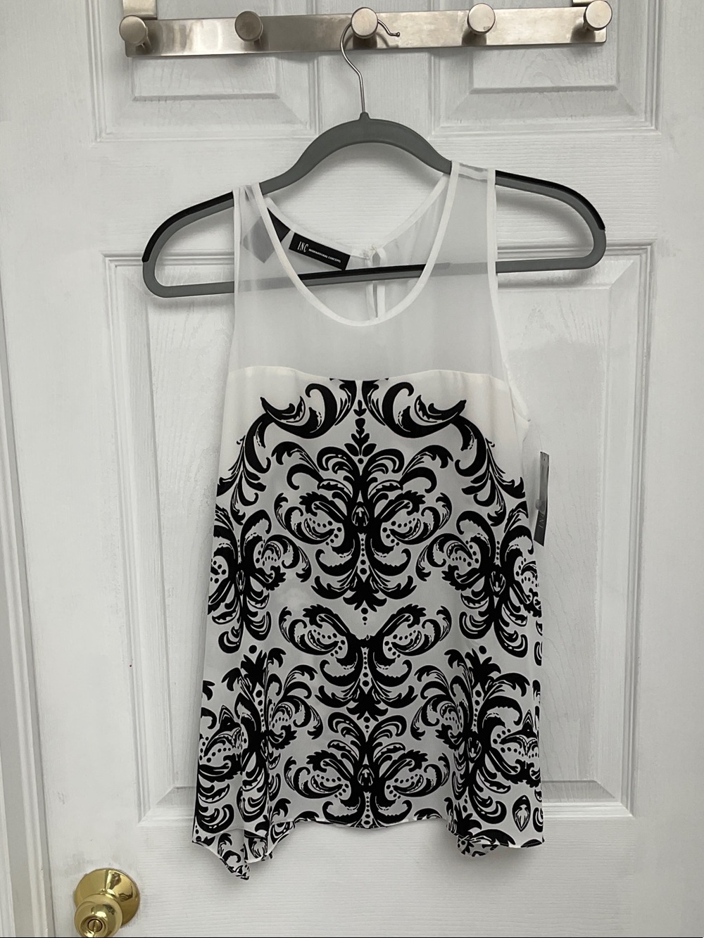 INC International Concepts White and Black Printed Sheer Yoke Tank